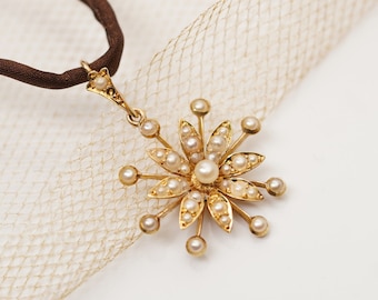 15kt victoriaanse gouden hanger met parelbloem, antiek cadeau