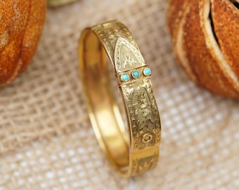 15ct Victorian Mourning Bangle, Gold Buckle Bangle with Turquoise Stones