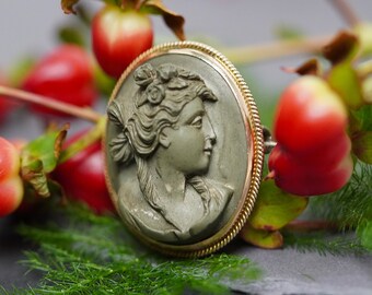 9ct Gold Antique Lava Cameo Brooch and Pendant, Unique Green Cameo