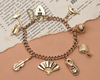 9ct Gold Vintage Charm Bracelet,Dolphin, Fan, Violin, Heart, 1960s Unique Bracelet
