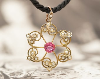 Edwardiaanse vergulde hanger met roze steen en zaadparels, jubileumcadeau voor haar