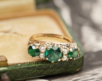 9ct Vintage Three Stone and Pearls Ring, 1967s Gold Ring with Green Stones, Gold Present for Her