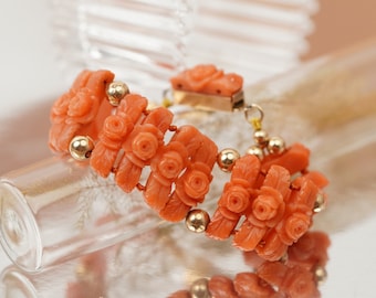 14k Unique 1960s Natural Coral Bracelet, Carved Coral with Gold, Statement Jewelry