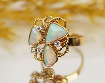 14k Gold Opal Diamond Ring, Handmade Vintage Statement Ring