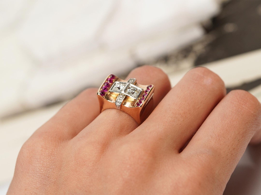 Bague Art Déco Or 18k Diamants Et Rubis - Taille 55 - Occasion Bijou Ancien