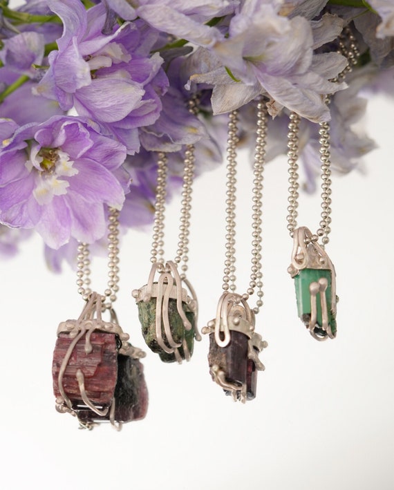 Raw Crystal Necklace, Handmade 925 Silver, Tourmaline & Emerald Pendant