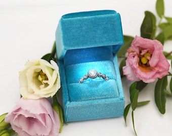 Sky Blue Velvet LED Ring Box, Square Engagement Keepsake Box