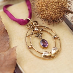 Edwardian Gold Plated Amethyst Pendant, Antique Gold Present for Her