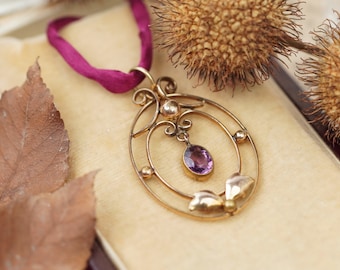Edwardian Gold Plated Amethyst Pendant, Antique Gold Present for Her