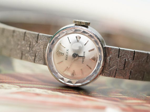 Rolex Precision 18k White Gold, Circa 1960s Vintage Rolex Silver Analog Dial Watch