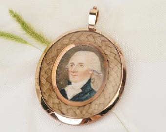 9 Karat Gold - Viktorianisches Medaillon: Handgemaltes Portrait & geflochtene Haare