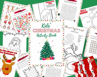 May include: A printable Christmas activity book for kids with a variety of activities, including a word search, a maze, a pin the nose on the reindeer game, and a coloring page. The cover features a Christmas tree with presents and lights.