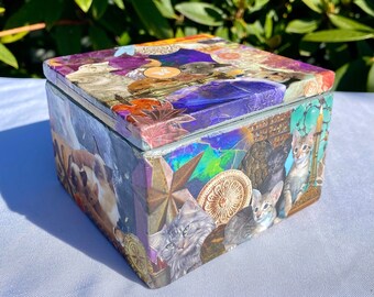 Cats & Crystals Square Wooden Keepsake Box~ Unique Gift ~ FREE SHIPPING!