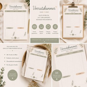Könnte beinhalten: Mehrere druckbare Vorratskammer-Organisationsblätter mit dem deutschen Wort "Vorratskammer". Die Blätter haben Abschnitte für Einkaufslisten, Notizen und Essensplanung, mit minimalistischem Design und botanischen Akzenten. Der Text enthält "Digitaler Download" und "PDF zum Ausdrucken".