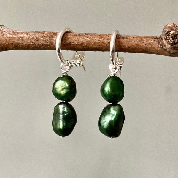 Forest green baroque pearl huggie earrings