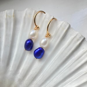 Classic blue and white baroque pearl teardrop earrings