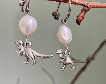 T-Rex and Freshwater Pearl drop earrings