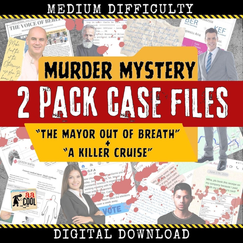 Murder Mystery Kit - a pack of 2 detective games for your date night box Digital Download and print at home for your murder mystery game party
