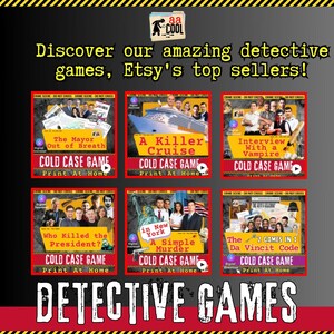 Discover more printable murder mystery detective games from aaCool shop on Etsy! Get your date night box, filled with exciting items, and crack the unsolved cold case file! Be Sherlock Holmes for a day – download our murder mystery detective games now! The Mayor Out of Breath, A Killer Cruise, Interview with a Vampire, Who Killed the President, A Simple Murder, and The Da Vinci Code are just a few titles available