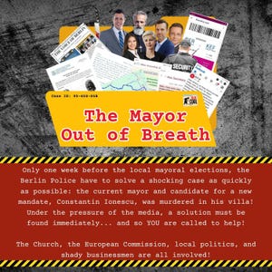 The Mayor Out of Breath is a detective game created by aaCool. It is a murder mystery file, ready to be played by anyone who wishes to be a detective for a day