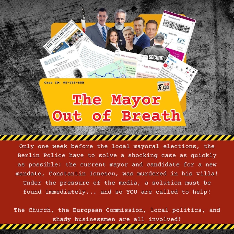 The Mayor Out of Breath is a detective game created by aaCool. It is a murder mystery file, ready to be played by anyone who wishes to be a detective for a day