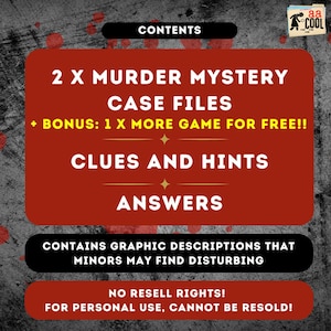 Murder Mystery Games contain the main file, clues, hints, and final answers