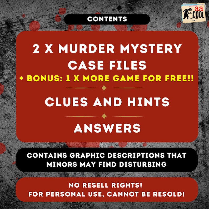 Murder Mystery Games contain the main file, clues, hints, and final answers