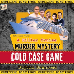 Puede incluir: Gráfico de descarga digital para un juego de misterio de asesinato. La imagen presenta un crucero, el texto "A Killer Cruise MURDER MYSTERY COLD CASE GAME" e imágenes de personas. El fondo tiene un diseño de cinta de escena del crimen.