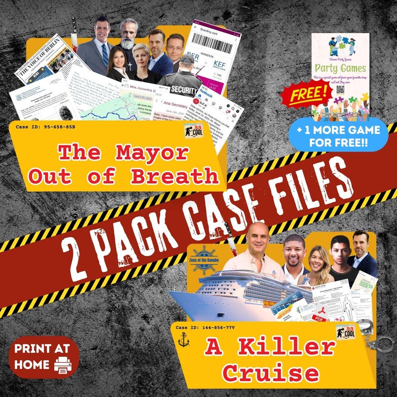 Murder Mystery Party Kit made up of 2 murder cases, ready to be played as they are digital download cold case files. The 2 detective games from the murder mystery bundle are: The Mayor Out of Breath and A Killer Cruise plus a free team building game