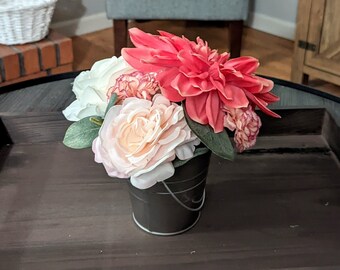 Everything Pink Spring Floral Arrangement, Mini Floral Arrangements, Flowers in a Pail, Artificial l Floral Arrangements, Spring Florals