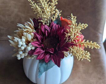 White Pumpkin Fall Floral Arrangement, Mini Floral Arrangements, Flowers in a Pumpkin, Artificial Floral Arrangements, Autumn Florals - E