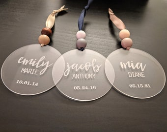 Engraved Acrylic Ornaments, Custom Ornaments, Personalized Ornaments, Birthdate Keepsakes - Kids & Family Name