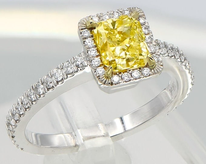 GIA Certified Halo Yellow Diamond Engagement Ring in 18K Gold, 1.41 TCW Natural Gem