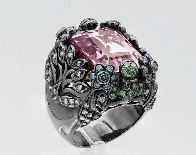 Kunzite & Tsavorite Diamond Flower Ring in 18k Gold with Black Rhodium