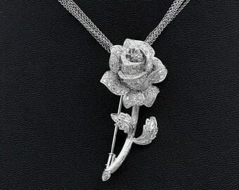 Diamond Brooch Necklace, Edwardian Style Rose Pendant, 18K White Gold Wedding Necklace Brooch Choker 2.50 CTW