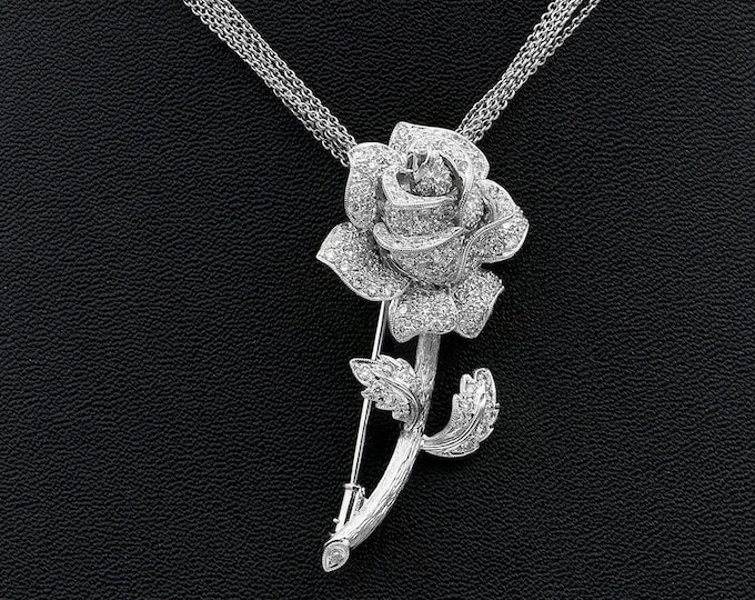 Diamond Brooch Necklace, Edwardian Style Rose Pendant, 18K White Gold Wedding Necklace Brooch Choker 2.50 CTW