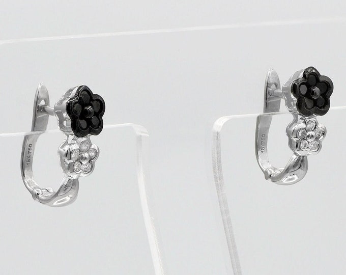 Elegant 18k Gold Flower Earrings with White & Black Diamond Hinged-Back