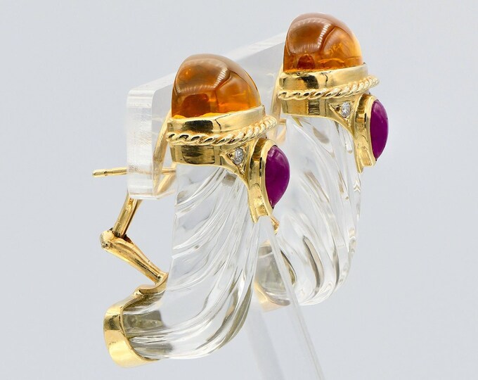 Exquisite 14k Gold Clip-On Earrings: Diamond, Ruby, Citrine & Carved Quartz - Designer Luxury by Maz