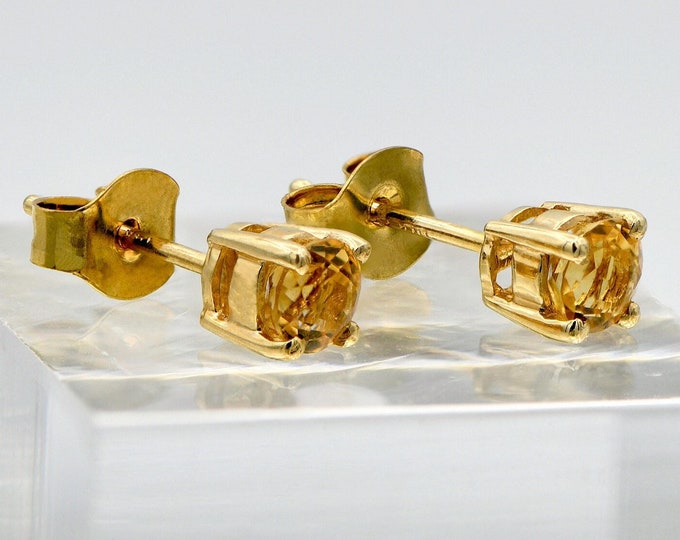 14k Gold Citrine Stud Earrings with Yellow Orange Natural Gemstone
