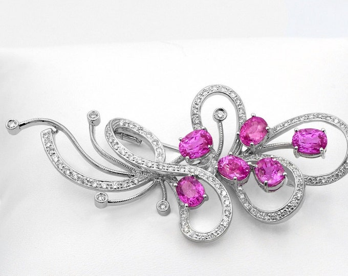 18k White Gold Pink Sapphire & Diamond Brooch Pin, 9.72 CTW Anniversary Gift for Her