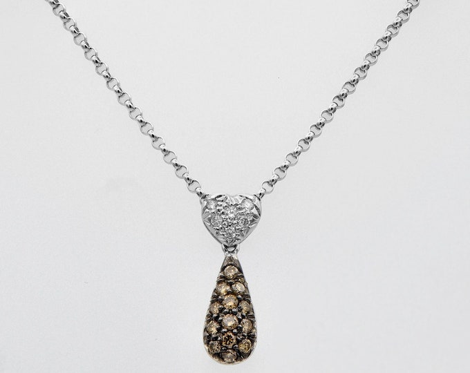 Elegant 18k White Gold Champagne & White Diamond Heart Lavalier Necklace - 16" Chain