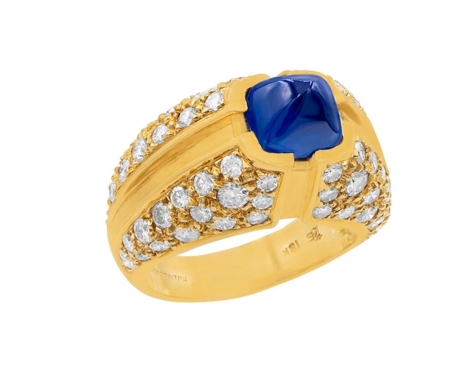 18k Yellow Gold Sapphire Diamond Dome Ring, 5.25 CTW Natural Blue Fine Jewelry, Unique Cabochon Design