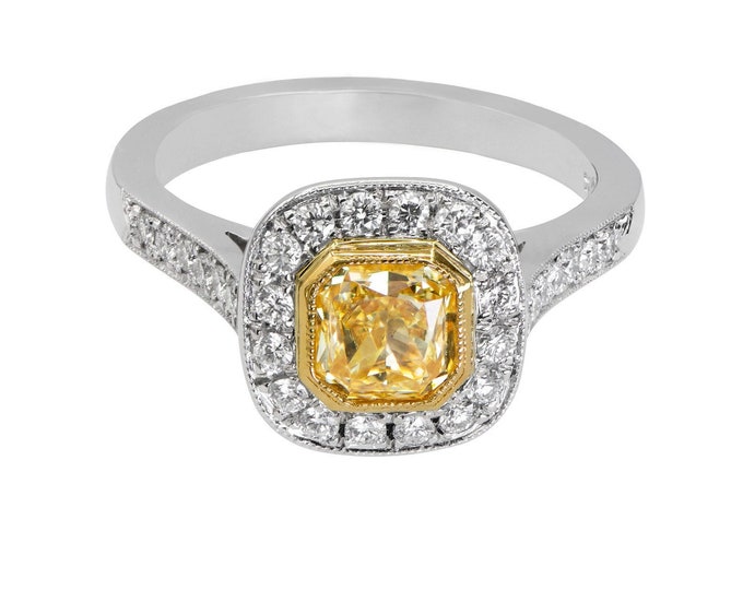 GIA Certified 1.59ct Yellow Diamond Halo Engagement Ring in 18k Gold - Sparkling Natural Stone