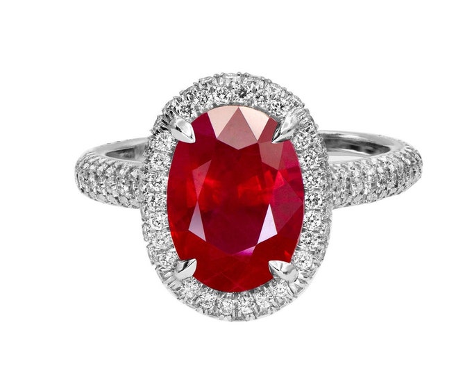 Handmade Platinum Halo Engagement Ring with 4.96ct Burma Ruby and Diamonds