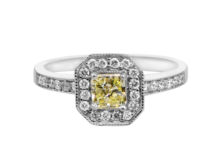 GIA Certified 1.59ct Yellow Diamond Halo Engagement Ring in 18k Gold - Sparkling Natural Stone