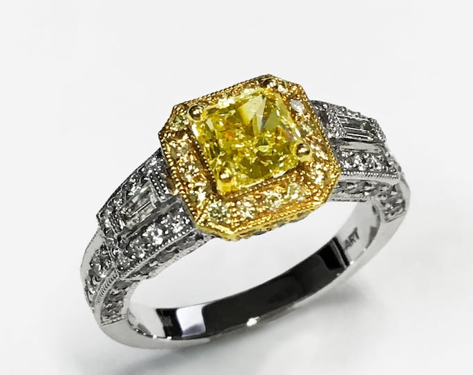 2.02 Carat GIA Certified Yellow Diamond Art Deco Engagement Ring