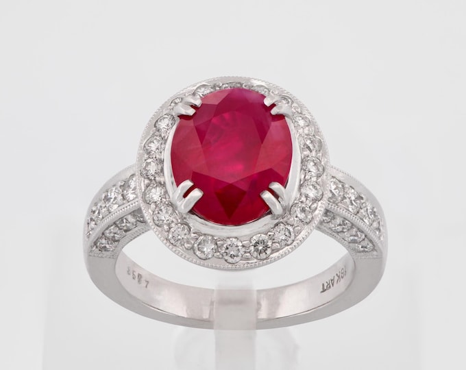 GRS Certified 18k White Gold Oval Burma Ruby & Diamond Engagement Ring - 5.33 TCW Luxury Statement