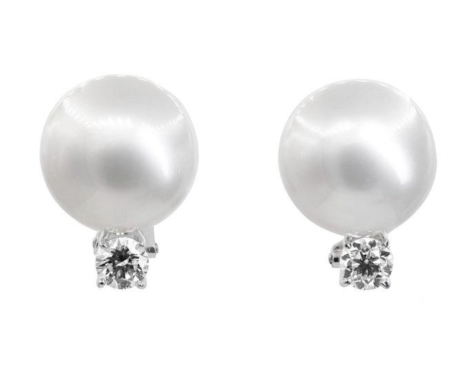 Elegant South Sea Pearl Diamond Clip-On Studs 18K White Gold 1.0 CTW Handmade Earrings