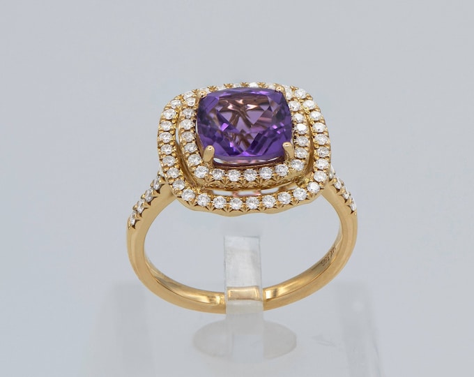 Elegant Amethyst Halo Engagement Ring: 2.77 CTW Cushion Cut February Birthstone in Luxurious Gold