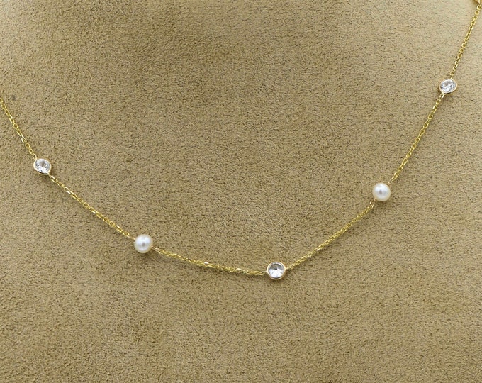 Elegant 16" Cultured Pearl Station Necklace with Cubic Zirconia in 14k Yellow Gold